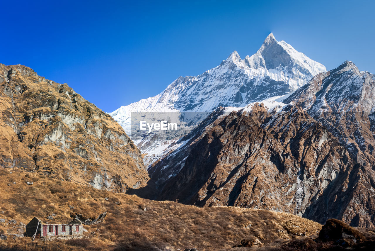 Scenic view of snowcapped mountains against clear blue sky