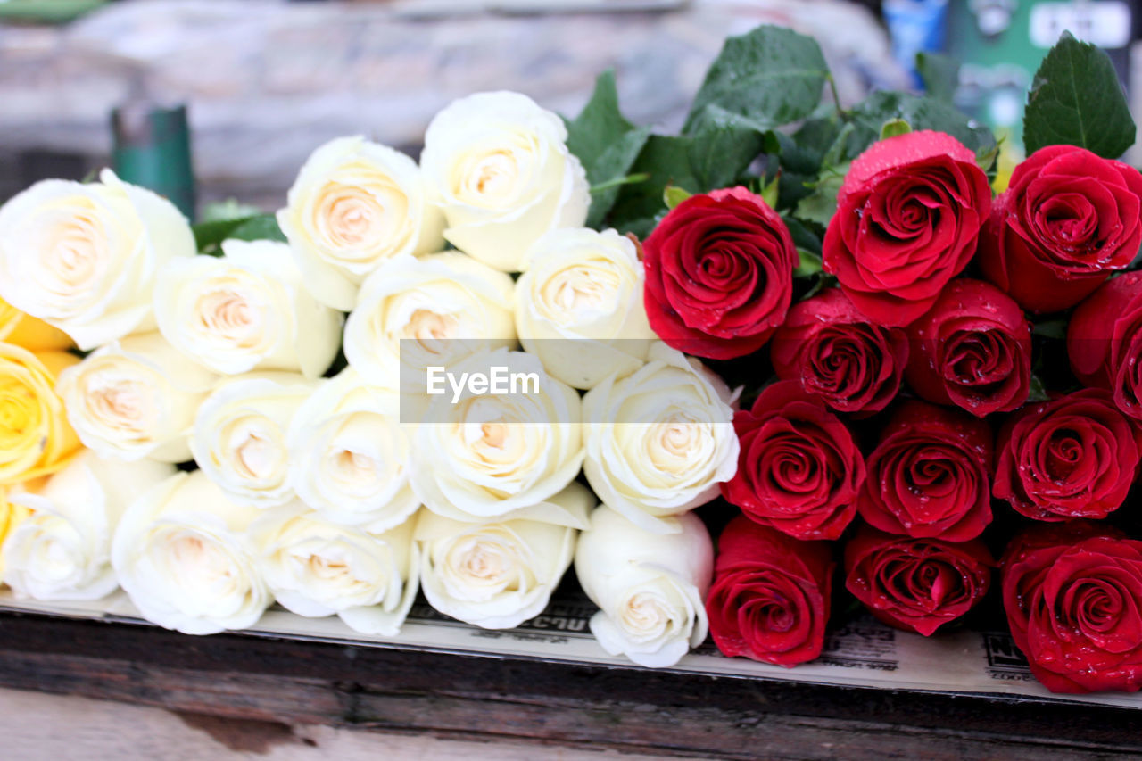 HIGH ANGLE VIEW OF BOUQUET OF ROSES