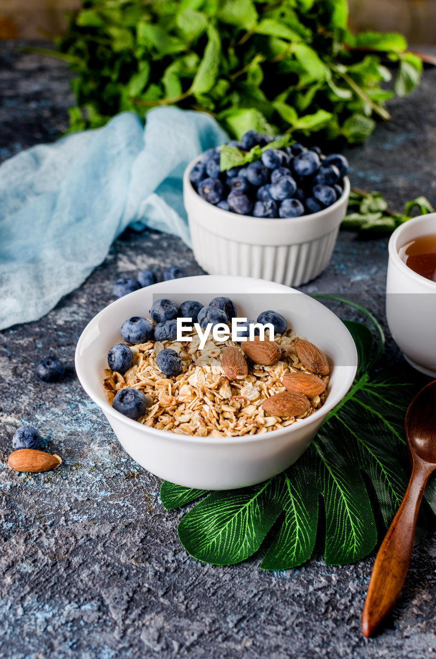 HIGH ANGLE VIEW OF BREAKFAST SERVED IN BOWL