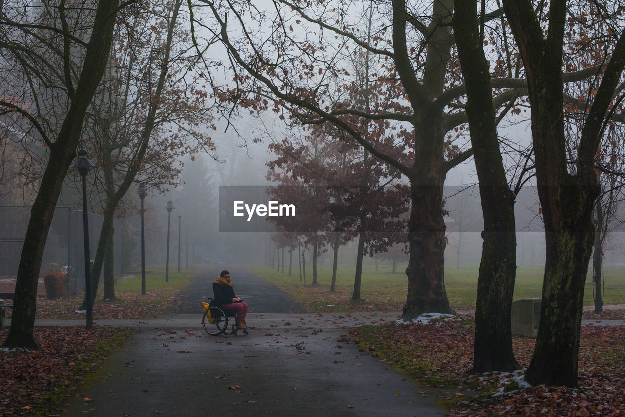 Woman sitting on wheelchair in park during foggy weather