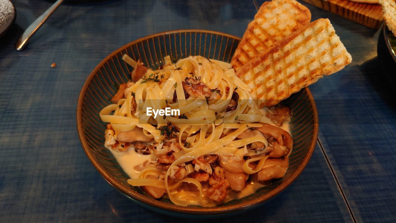 High angle view of food in plate on table