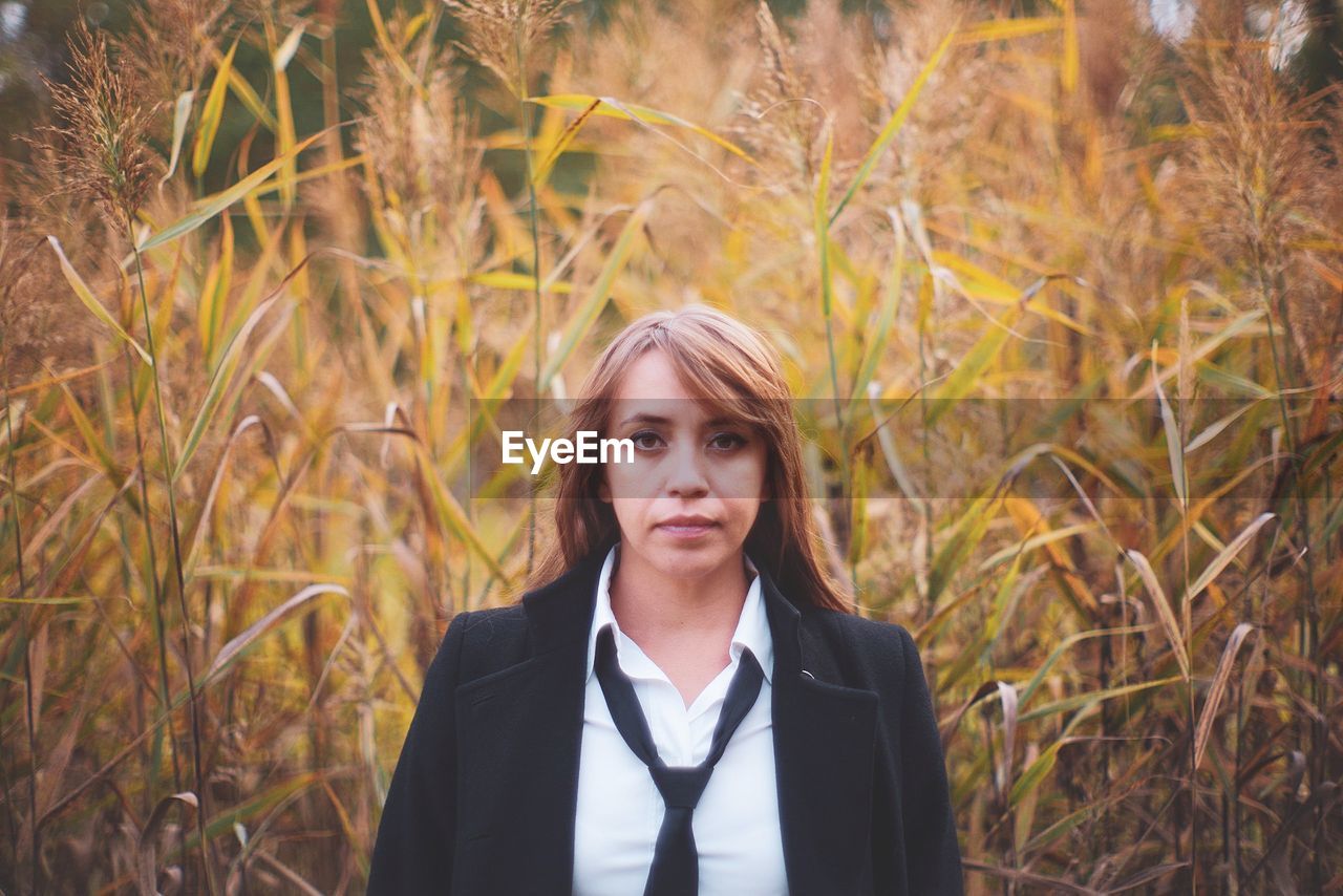 Businesswoman standing in forest