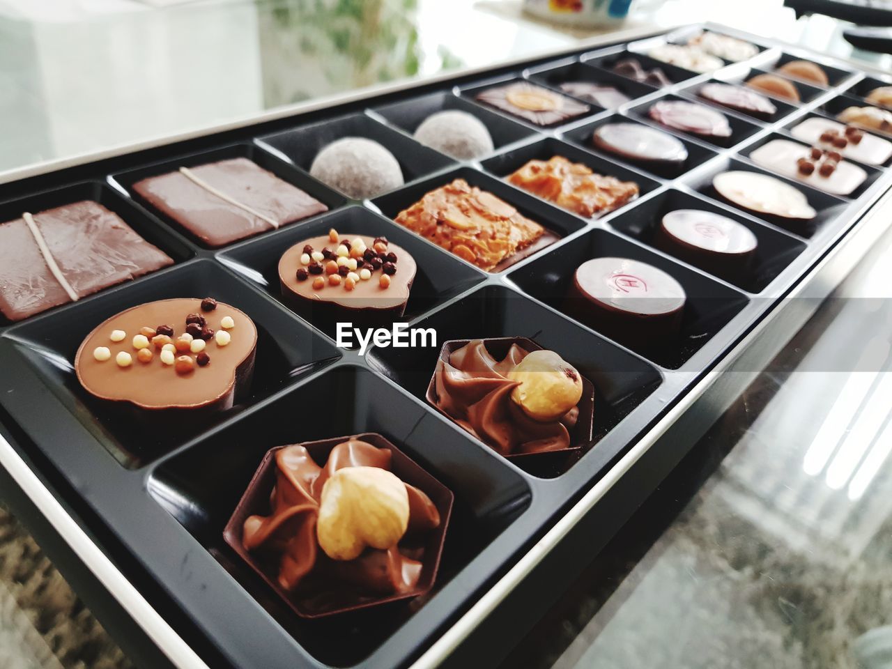 High angle view of sweet food in tray