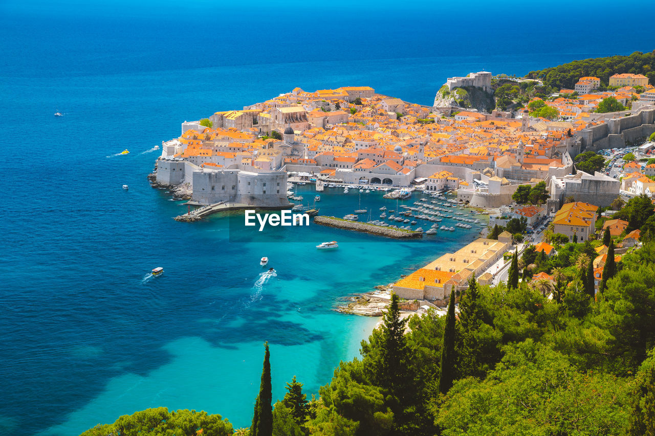 Aerial view of town and sea