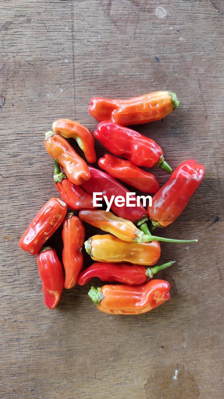 food and drink, food, chili pepper, vegetable, produce, freshness, red, plant, pepper, healthy eating, bell peppers and chili peppers, spice, wellbeing, wood, high angle view, no people, still life, red chili pepper, flower, ingredient, indoors, studio shot, jalapeño, directly above, organic, table, group of objects, pepper - vegetable, close-up