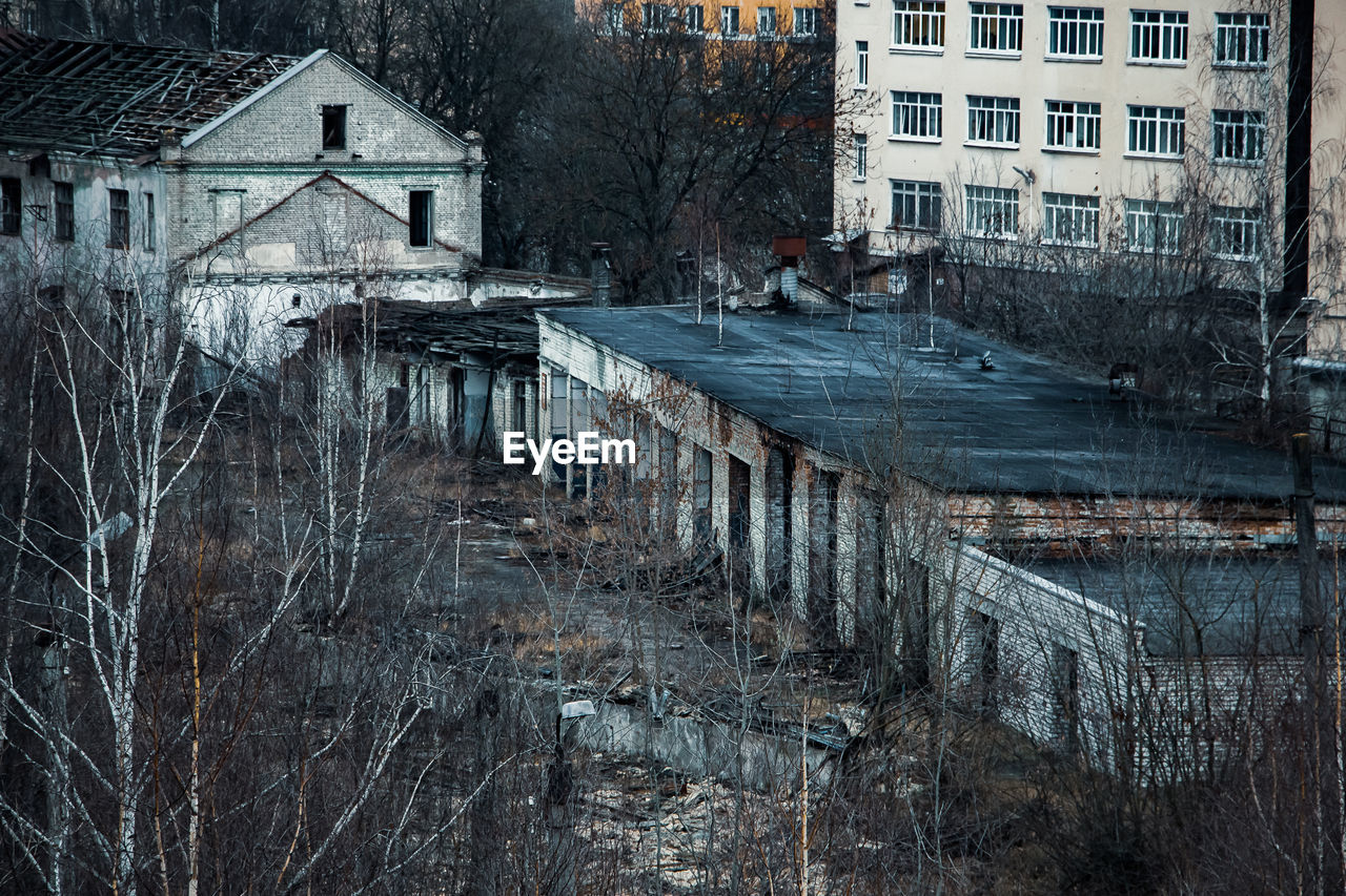 View of the gloomy abandoned buildings of the old factory