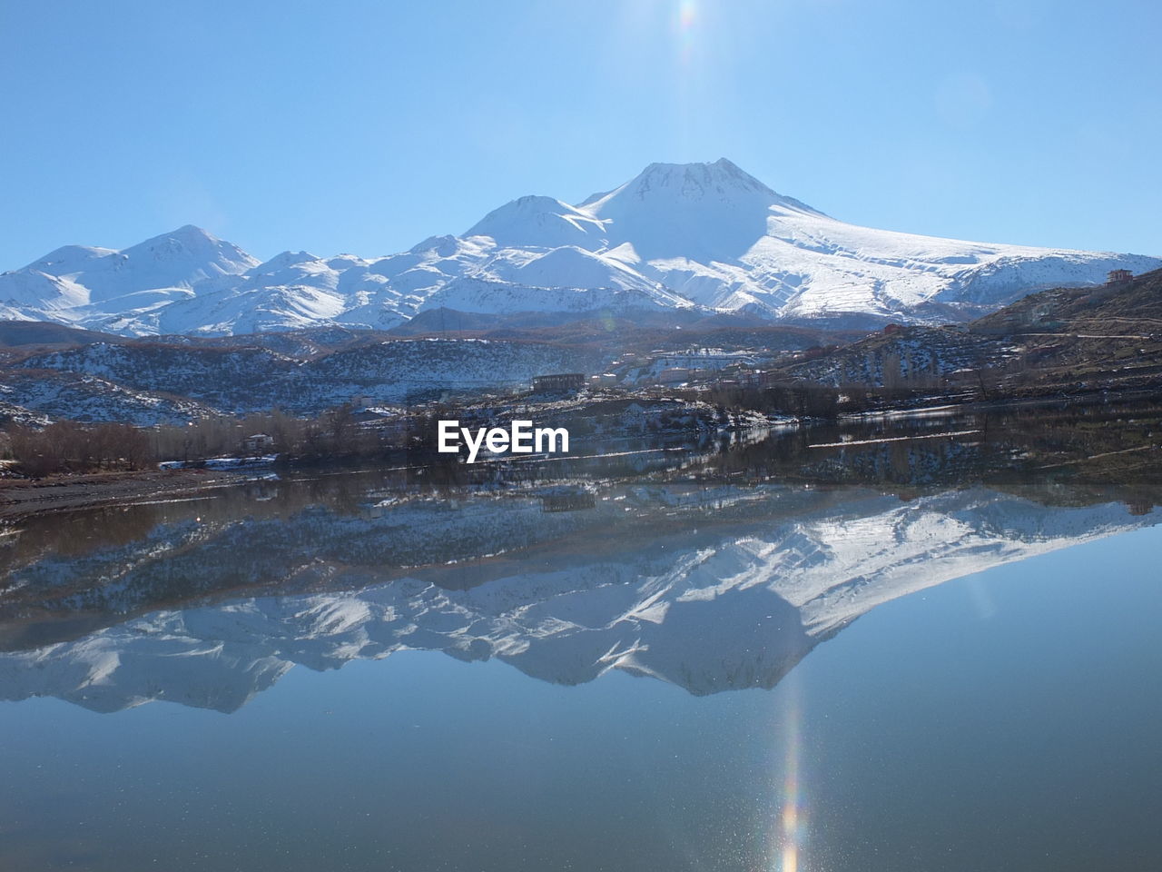 Scenic view of snowcapped mountains against clear sky