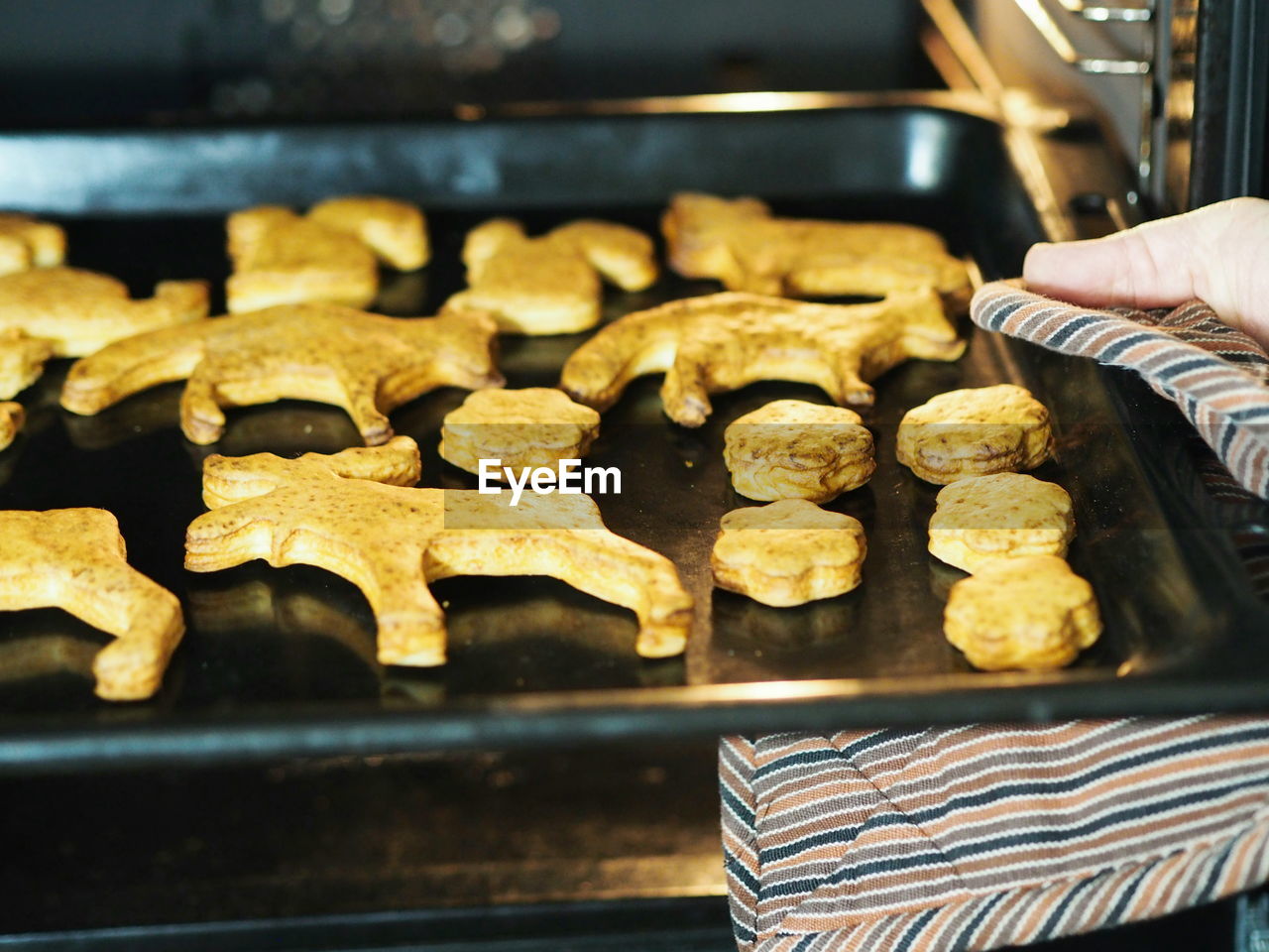 The process of baking rozhestvensky cookies in the form of animals in a home oven. 