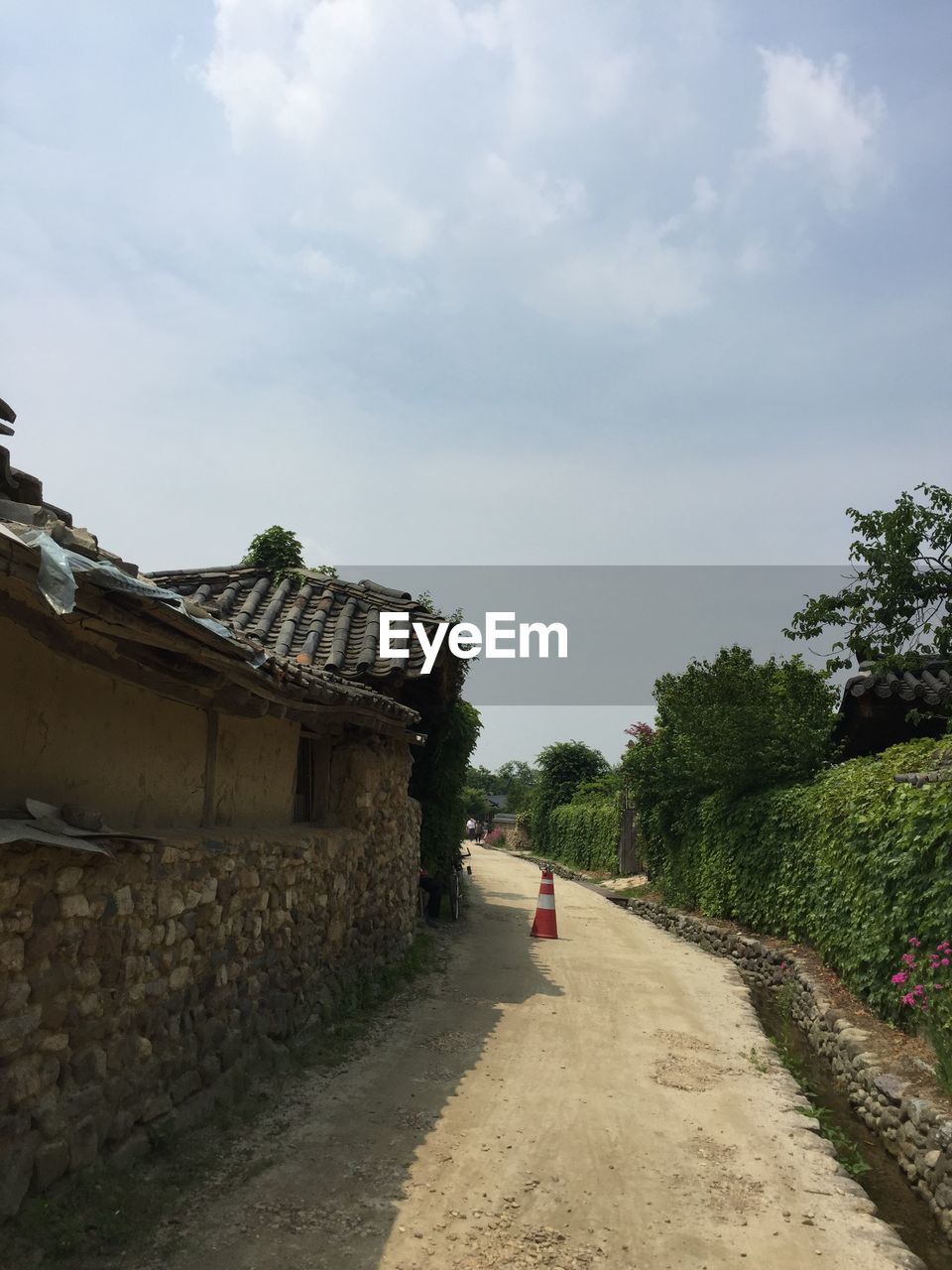 FOOTPATH AMIDST HOUSES AGAINST SKY