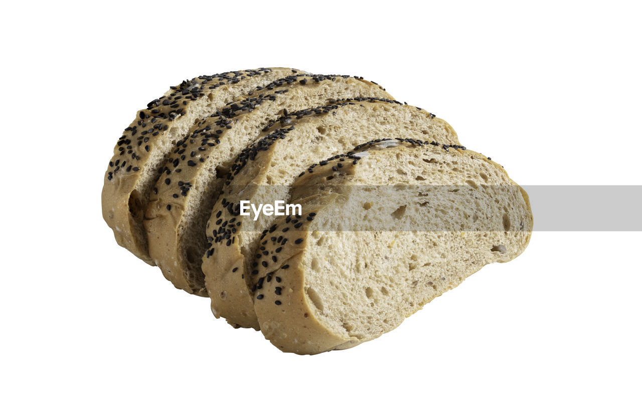 High angle view of bread against white background