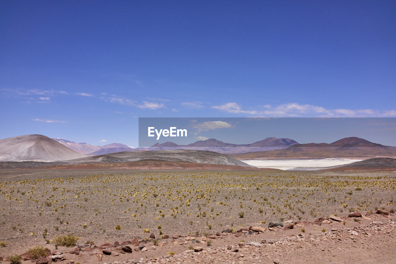 Scenic view of desert against blue sky