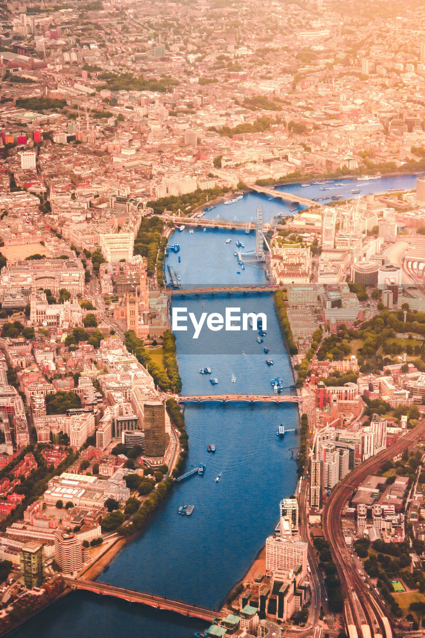 High angle view of building in city with river thames