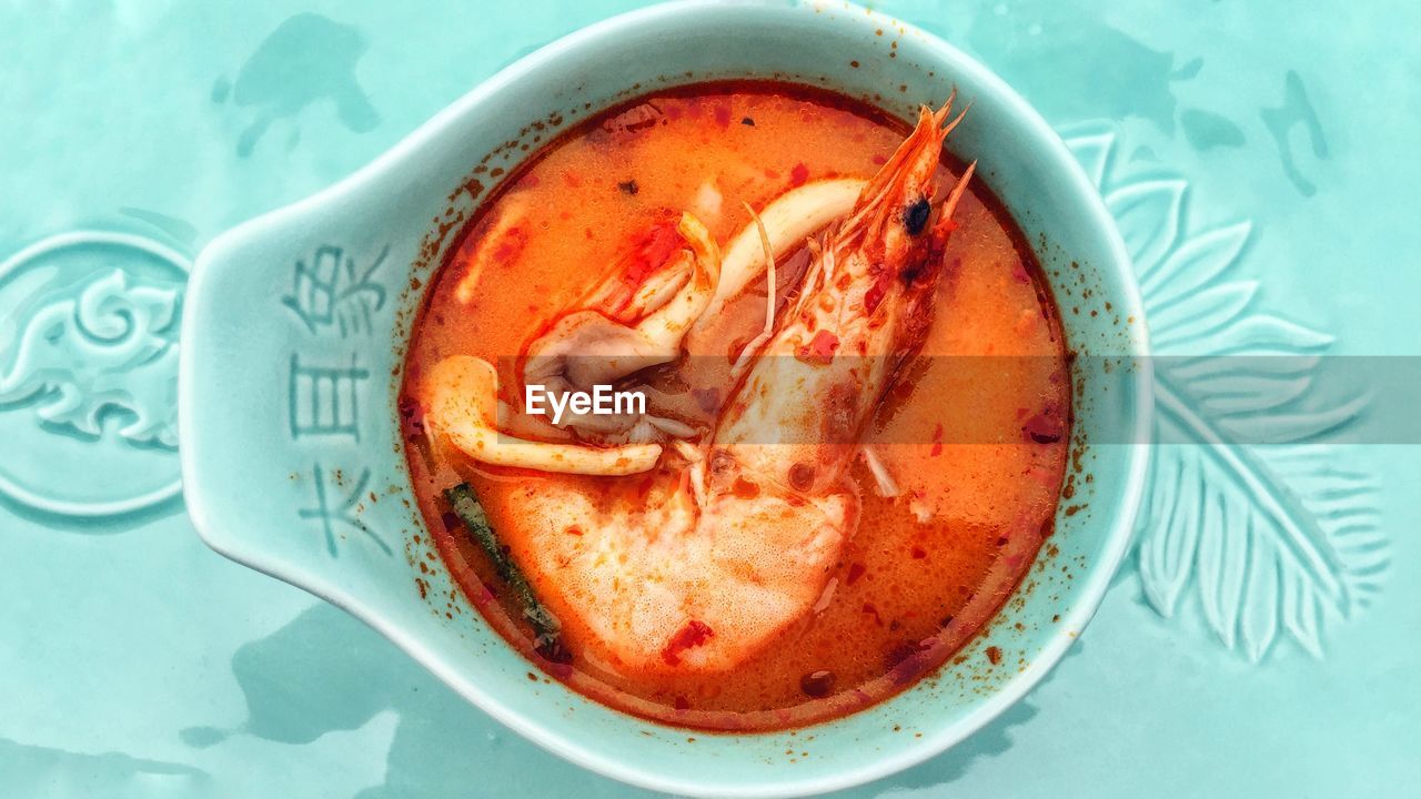 Close-up overhead view of soup in bowl