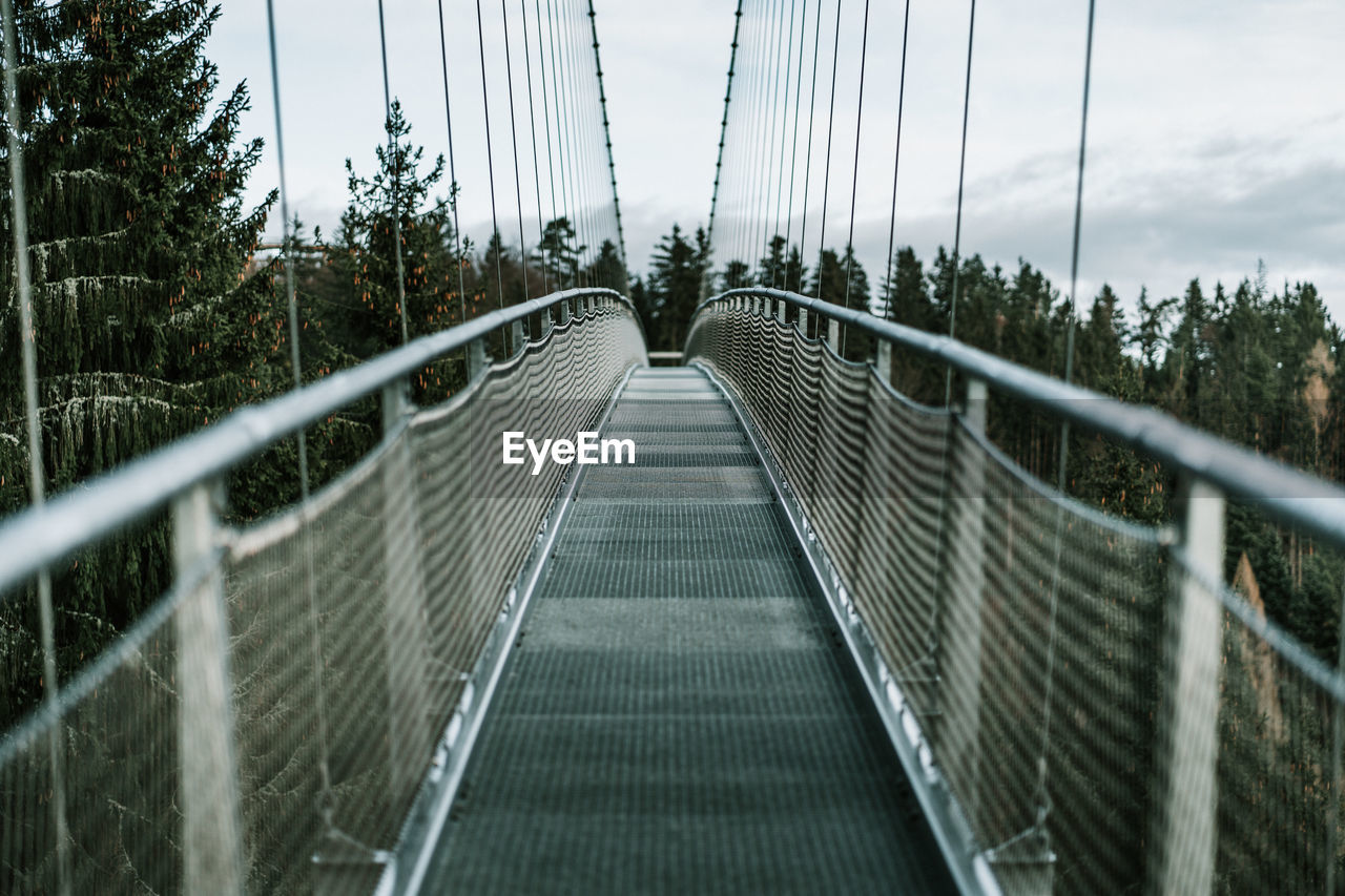 Footbridge by trees against sky