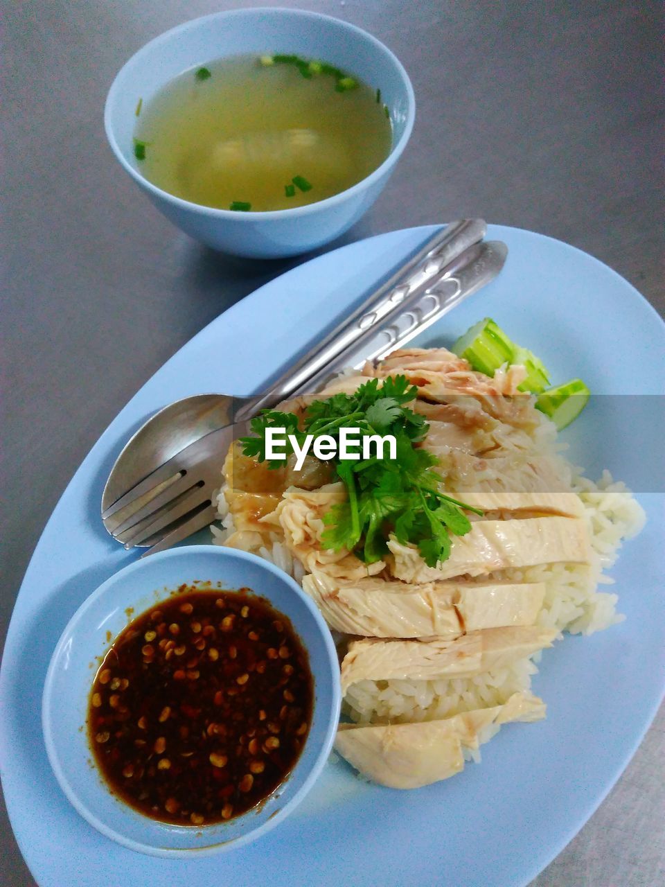 High angle view of food served in plate on table