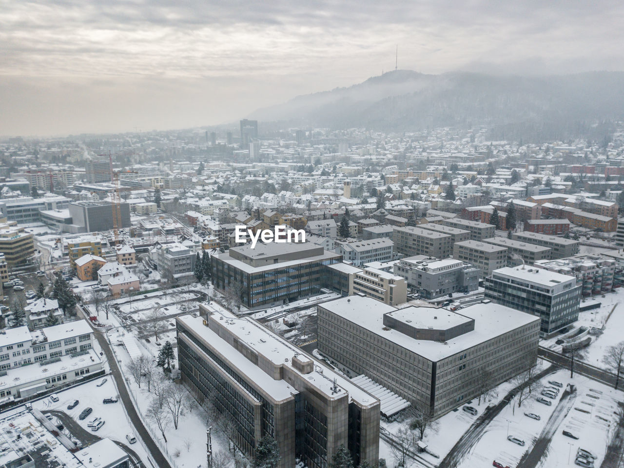 High angle view of townscape against sky during winter