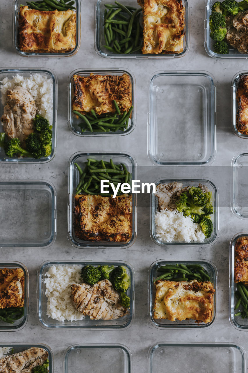 Overhead view of lunch boxes as part of healthy meal prep