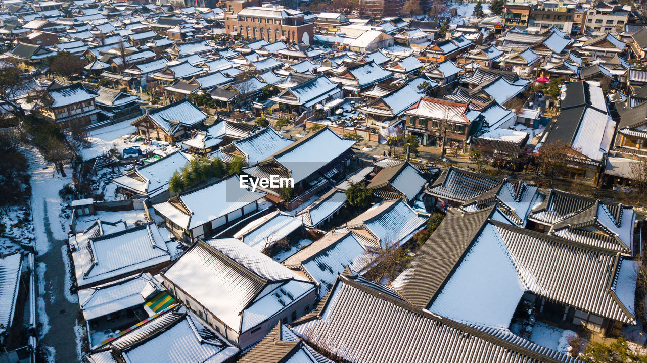 High angle view of houses in town