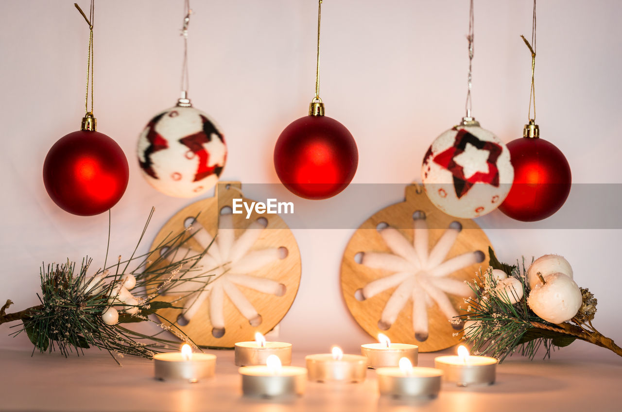 Close up of christmas decoration with candles