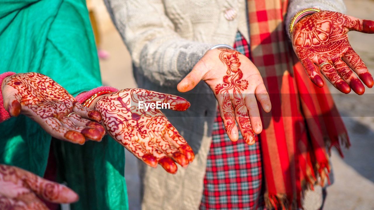 Close-up of women showing henna tattoo