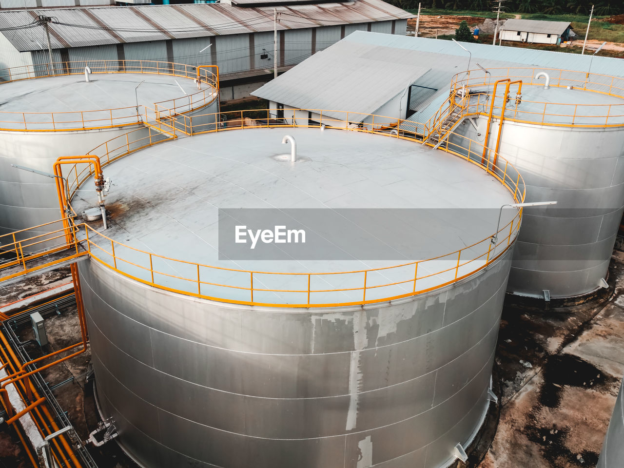 High angle view of factory. top oil tank industry