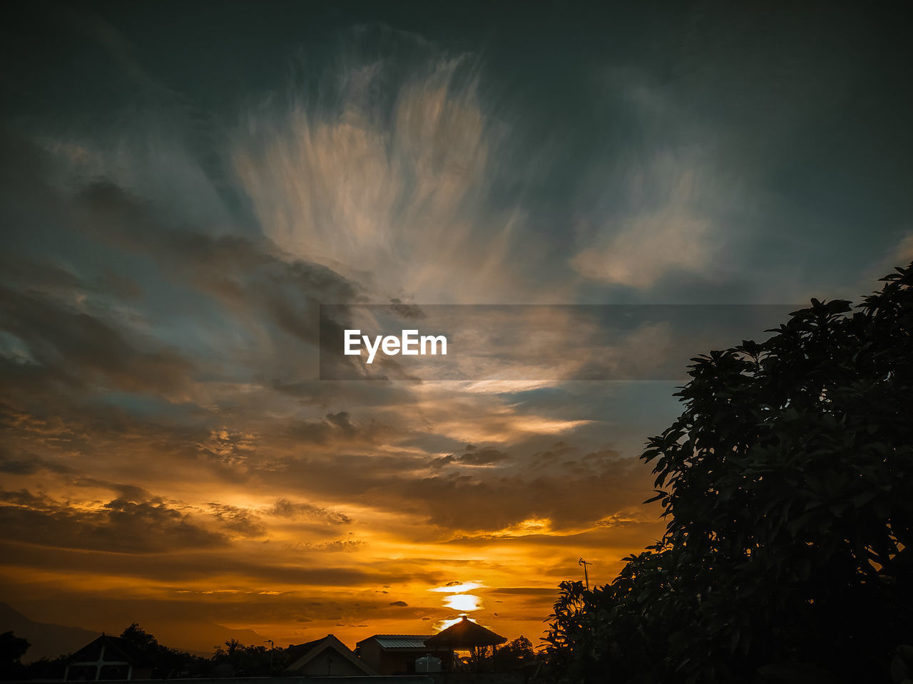 LOW ANGLE VIEW OF SILHOUETTE TREES AGAINST DRAMATIC SKY DURING SUNSET