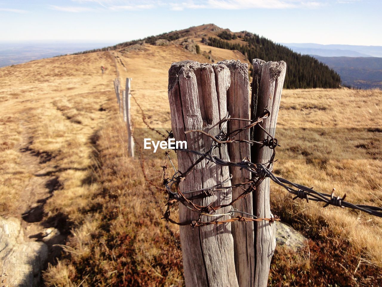 View of wooden post on field against sky