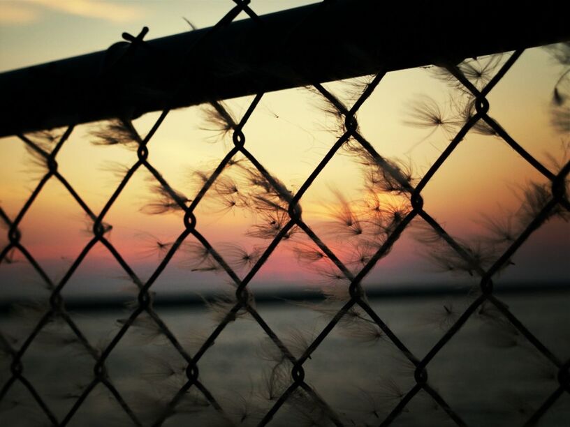 CLOSE-UP OF CHAINLINK FENCE AGAINST SKY AT SUNSET