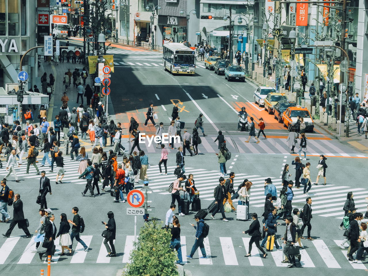 High angle view of people crossing road