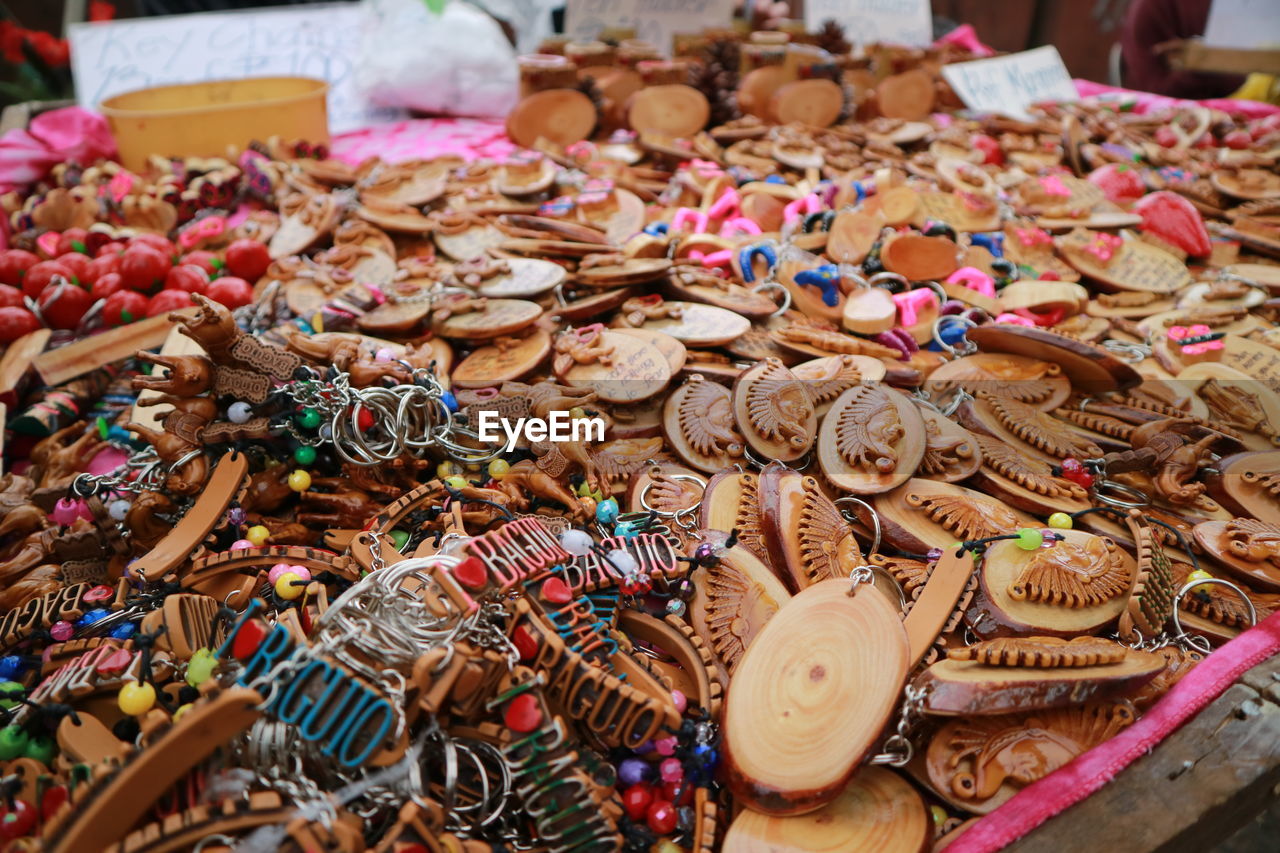 Close-up of various key rings for sale in market