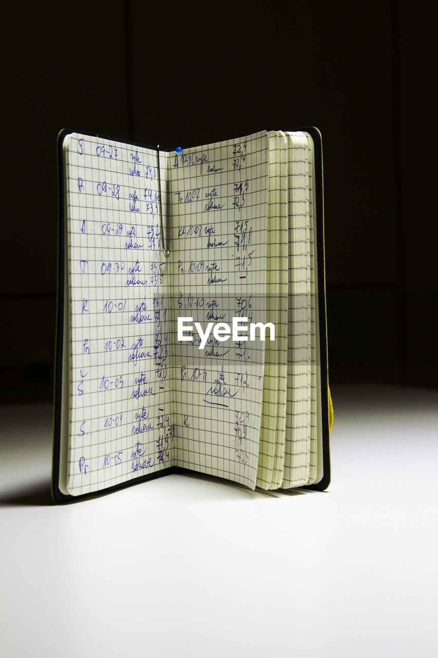 Close-up of book on table against black background