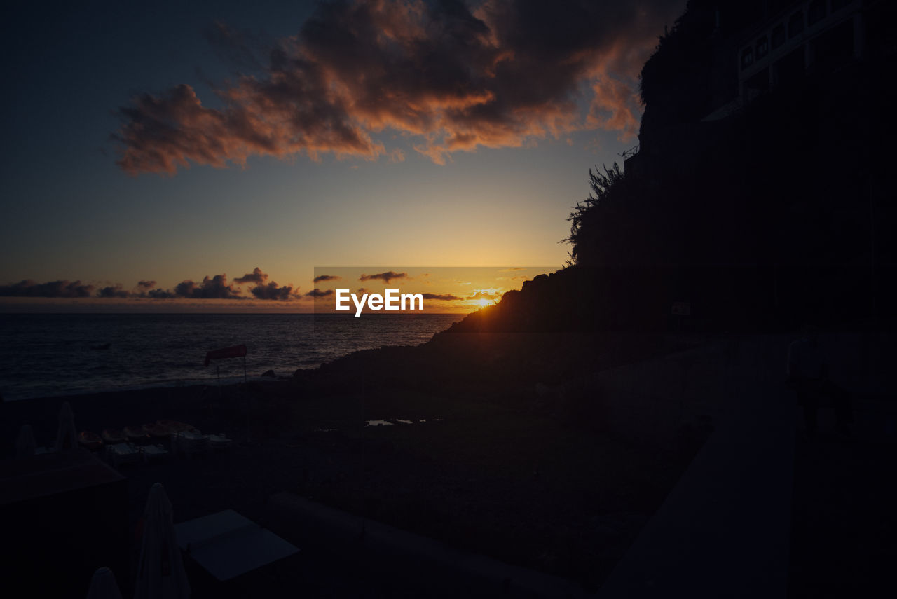 SCENIC VIEW OF SILHOUETTE BEACH AGAINST SKY DURING SUNSET