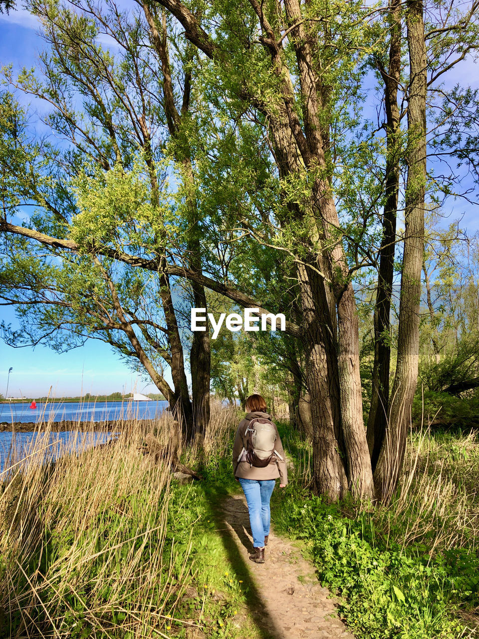 Rear view of woman with back-pack walking along a riverbank with trees under blue sky