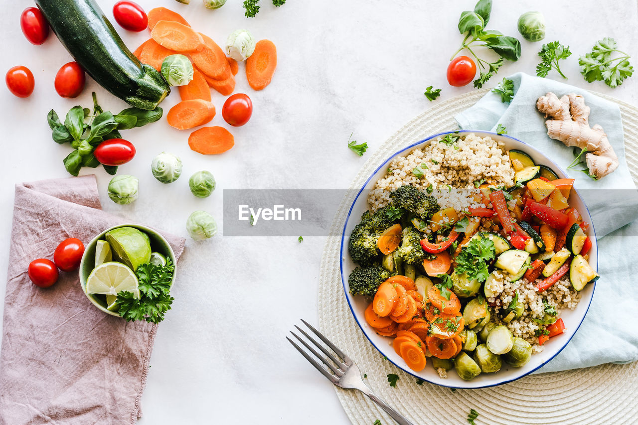 High angle view of salad in bowl on table