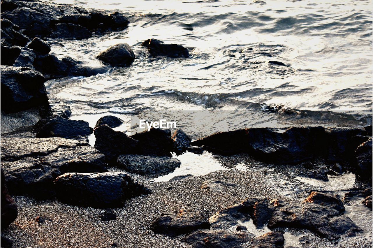 CLOSE-UP OF ROCKS AT SHORE