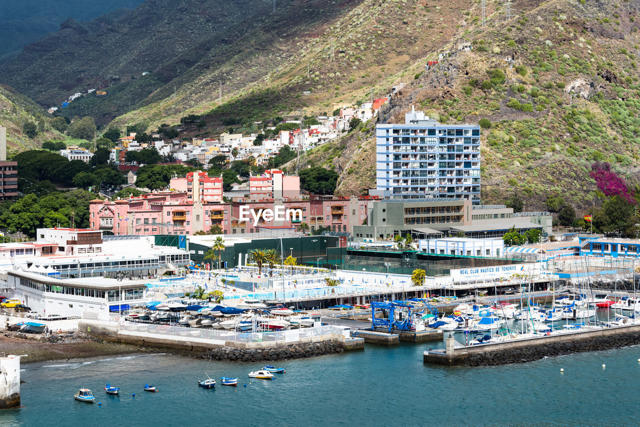 High angle view of beach by buildings in city