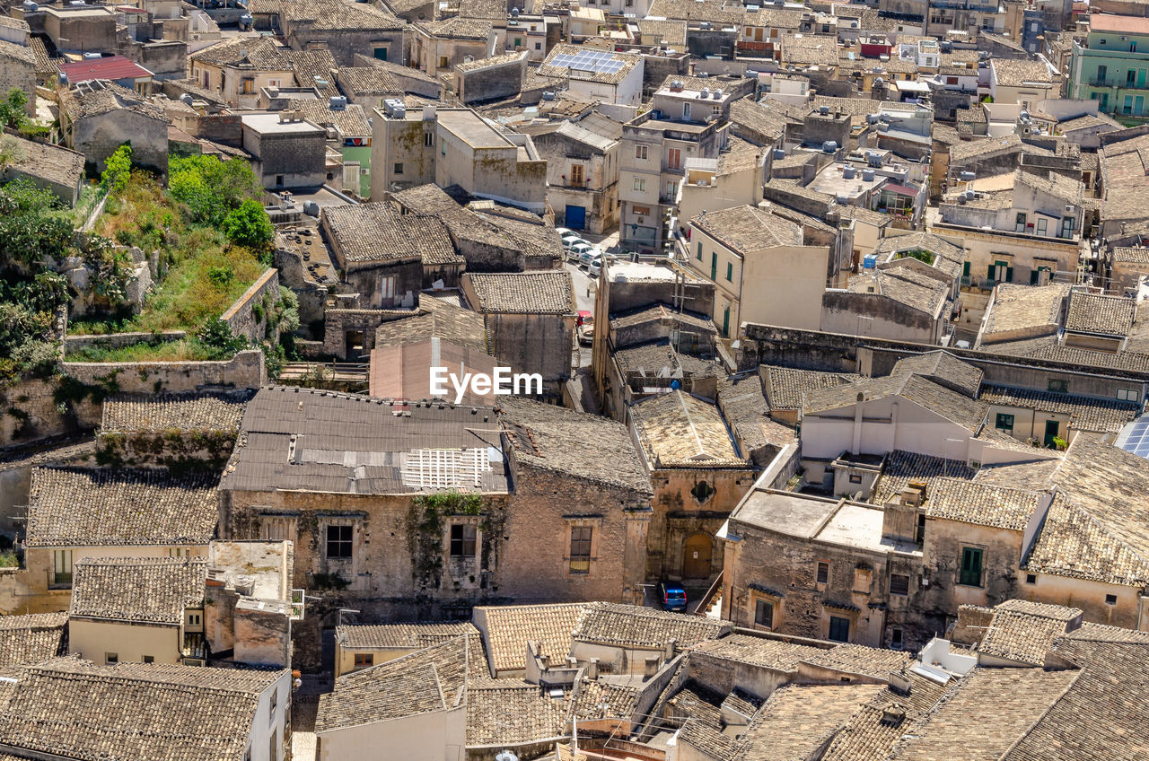 High angle view of old buildings in city