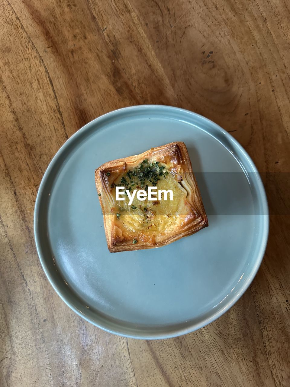 high angle view of food in plate on wooden table