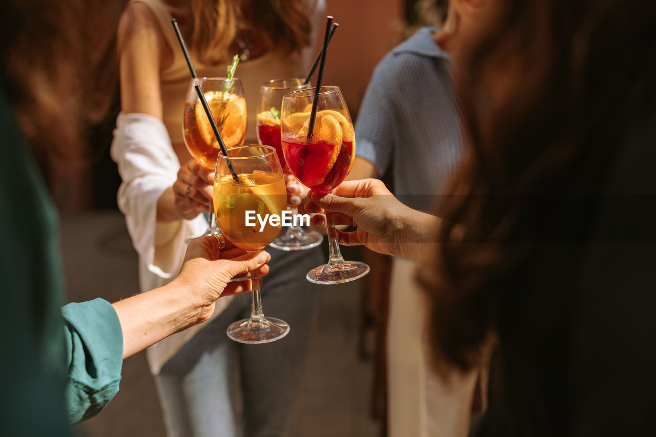 Girlfriends proposing toast on summer party.