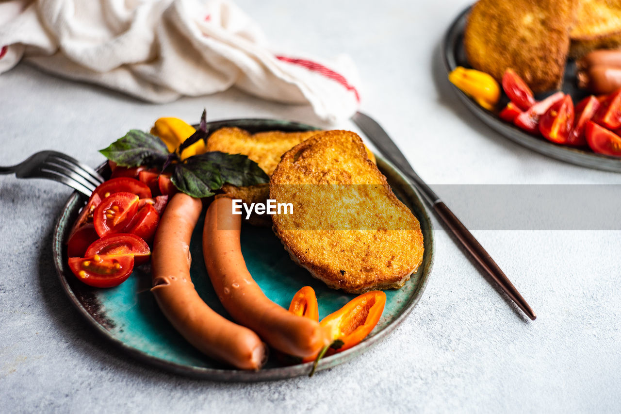 high angle view of food served in plate on table