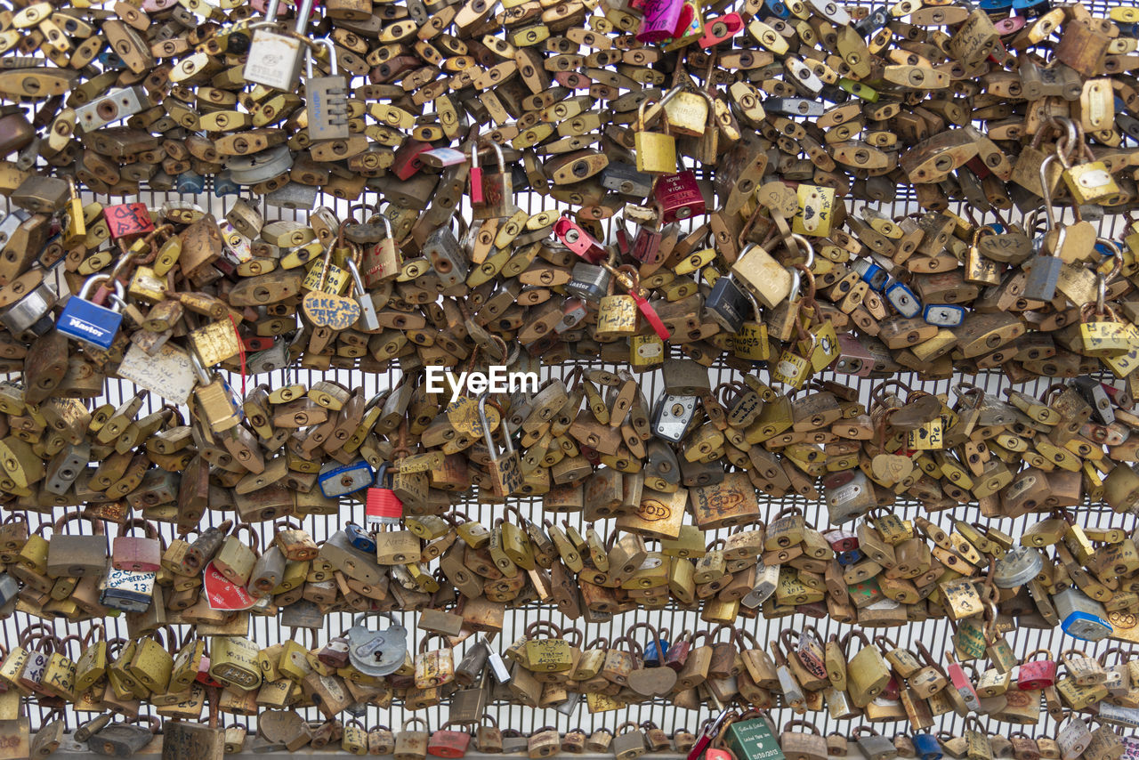 FULL FRAME SHOT OF PADLOCKS HANGING ON CLOTHESLINE