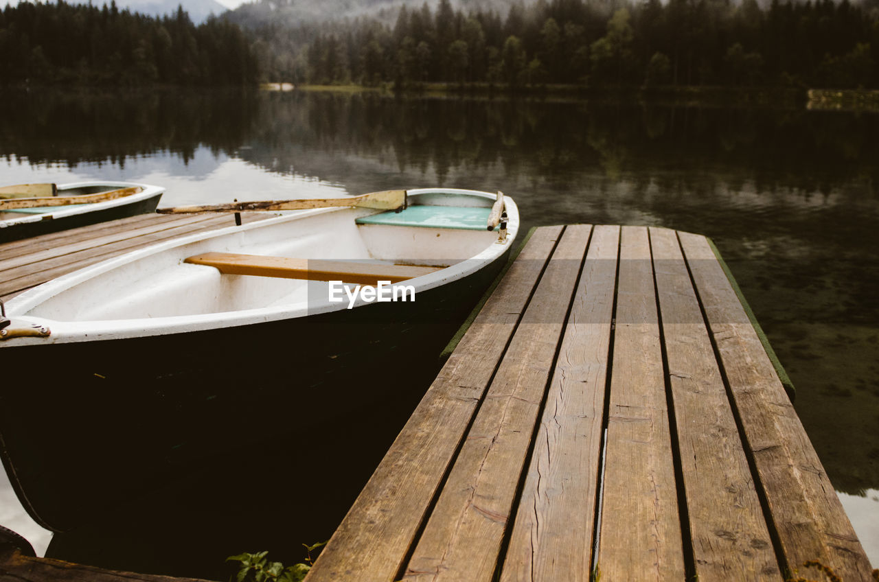 Close-up of boat moored on lake