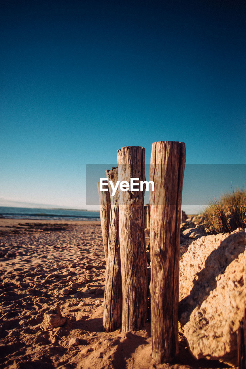 Wooden posts on beach against clear blue sky