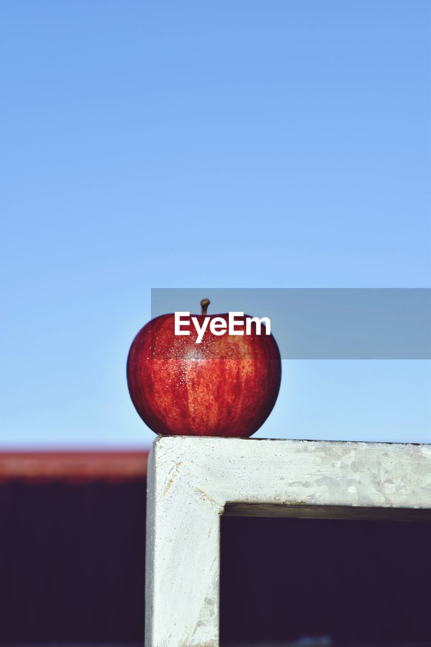 CLOSE-UP OF RED APPLE AGAINST CLEAR BLUE SKY