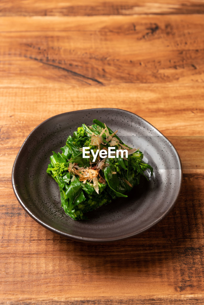 High angle view of salad in bowl on table