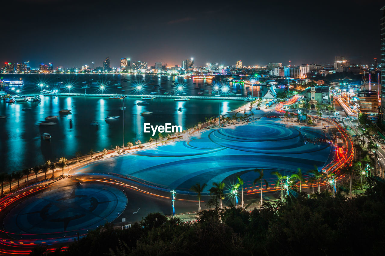 High angle view of illuminated city at night