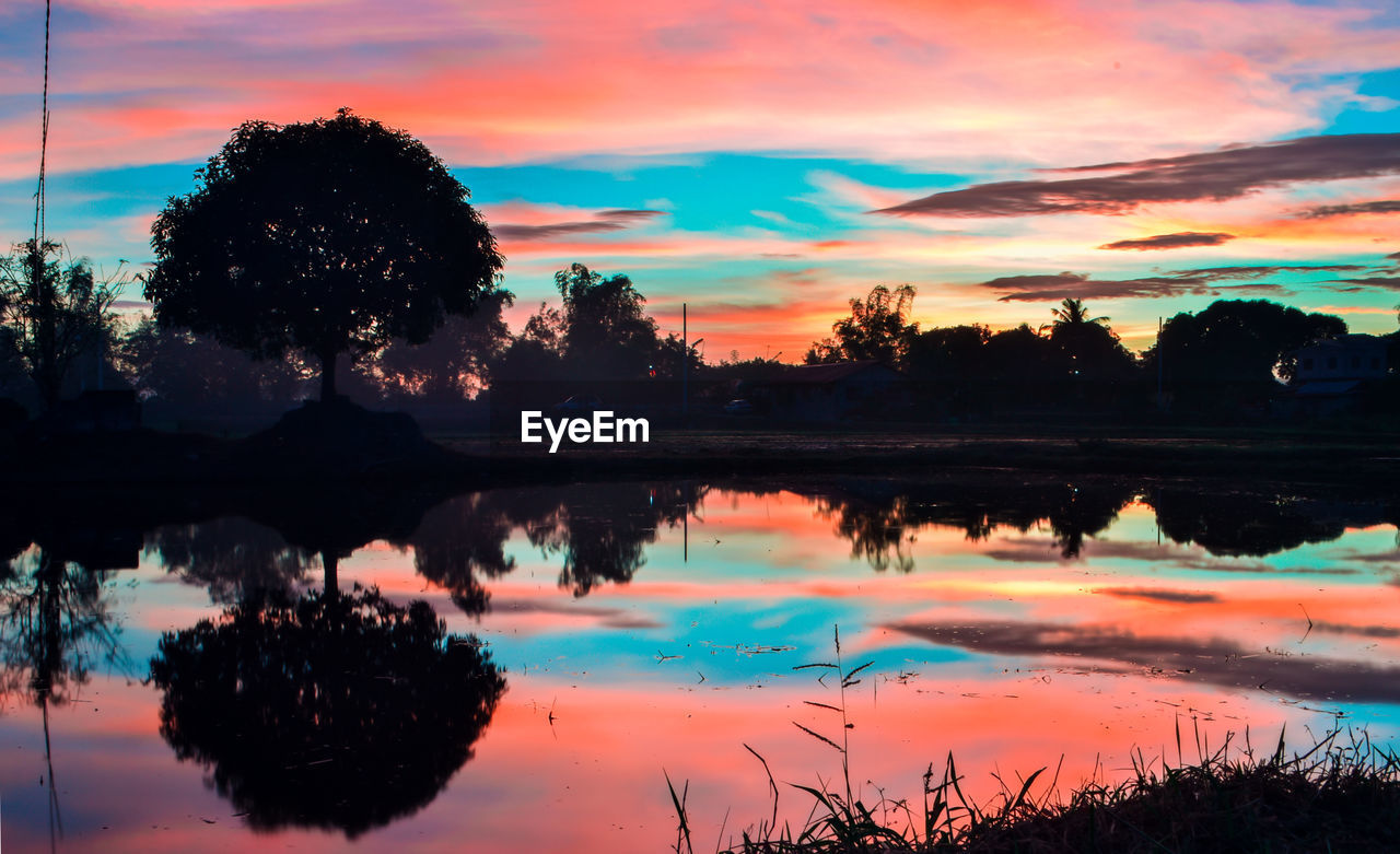 Scenic view of lake against sky during sunset