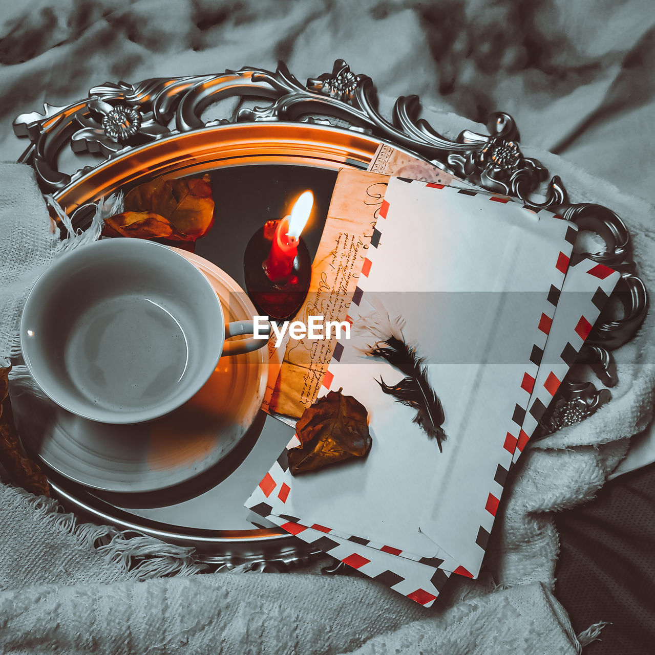 High angle view of tea cup on table