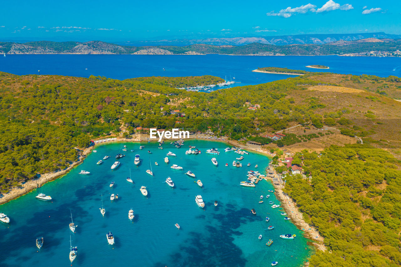 Aerial view of the bay with boats, paklinski otoci islands in hvar, adriatic sea in croatia