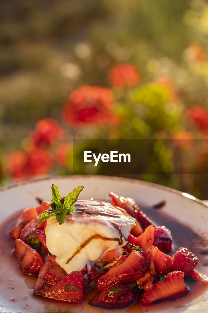 Close-up of desert served on table